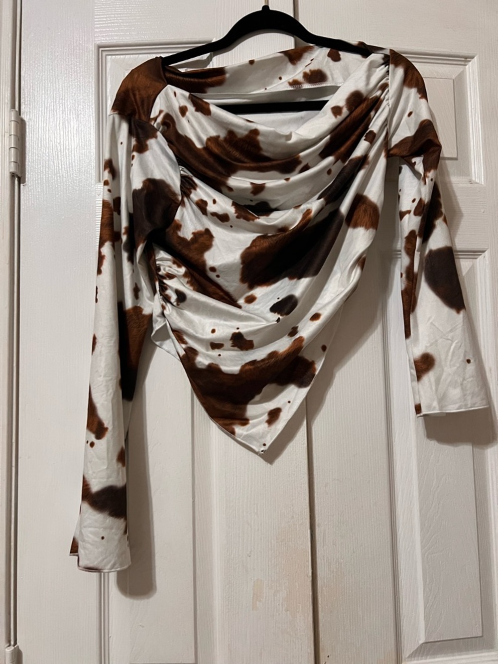 SHEIN White and Brown Cow Print Draped Long Sleeve Top